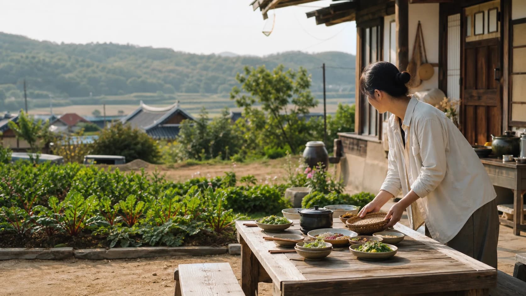 시골 마을의 식탁과 작은 숙소가 있는 풍경