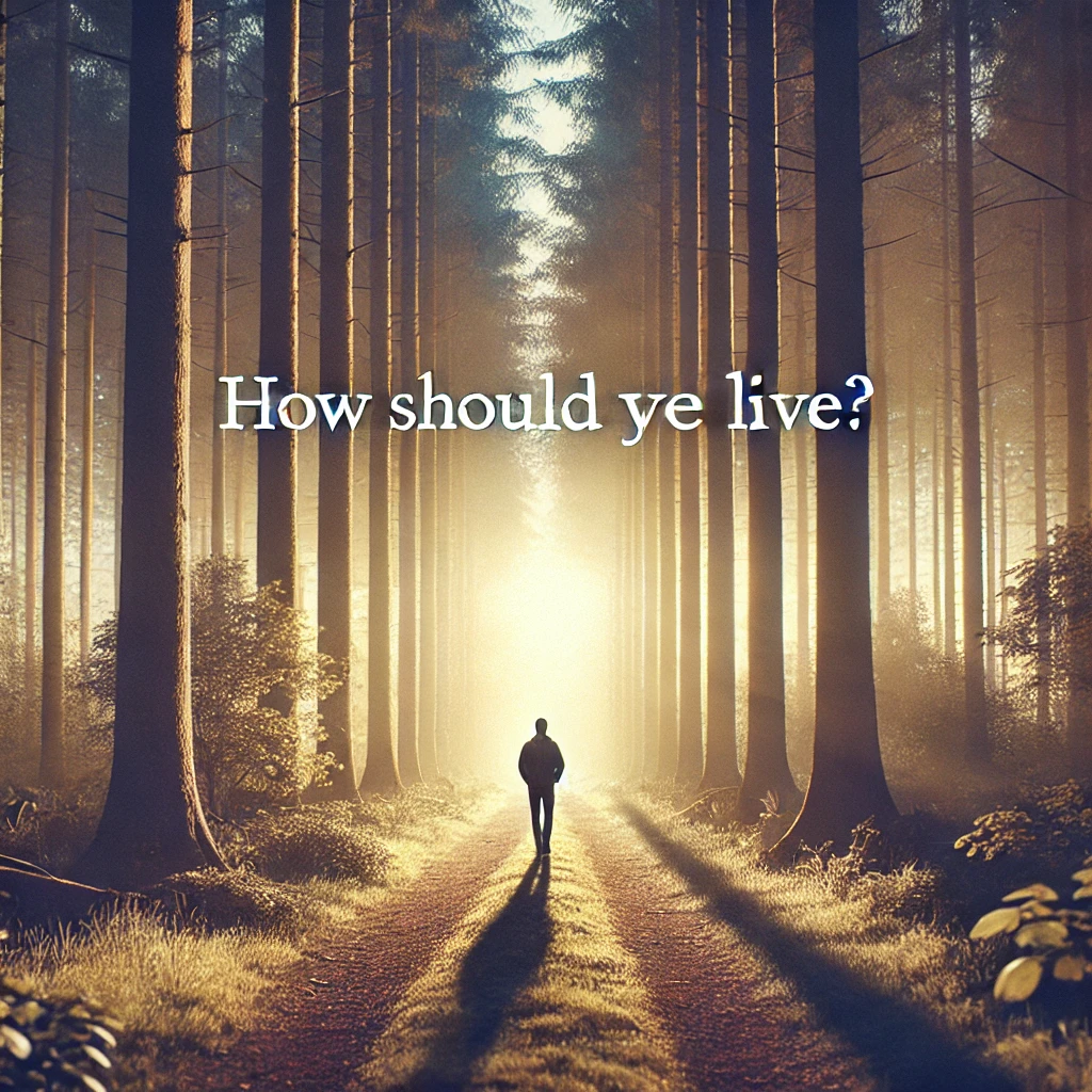 DALL·E 2025 04 24 05.28.22 A peaceful and thoughtful scene representing the question How should we live – a person walking alone on a quiet forest path at dawn with soft sun